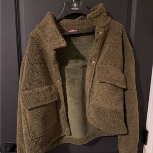 Olive Green Sherpa Button-Up Jacket